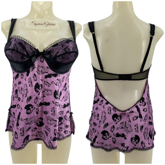 VTG Y2K Victorias Secret Satin Purple Top Pin Up girls Babydoll 36C Retro‎ lace
